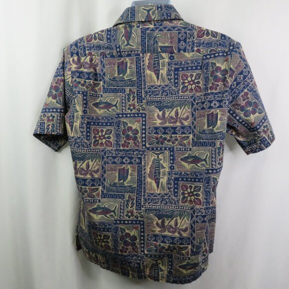 RJC Hawaiian Shirt Mens L Aloha Blue Fish Floral 100% Cotton Made in Hawaii - Picture 8 of 10